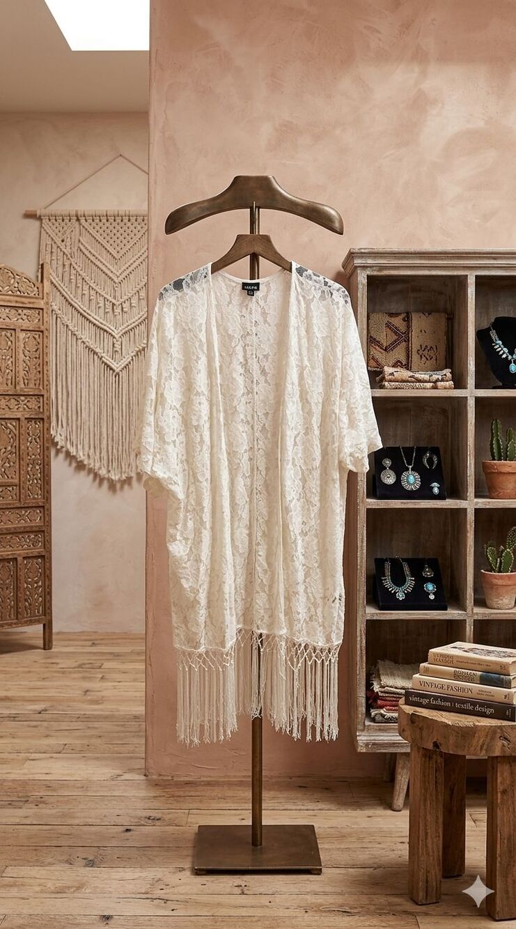 Torrid Cream Lace Fringe Kimono Cardigan Sz 0/1 L Boho Cottagecore Festival Long